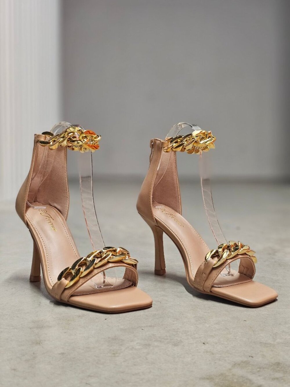 Gold Chain Embellished Nude Stiletto Heels With Ankle Strap - Sleek & Elegant Op - Picture 13 of 14